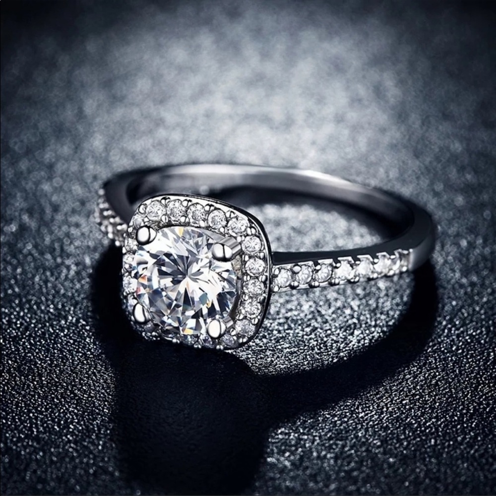 New 925 Silver Square cut Diamond Halo Engagement Ring
